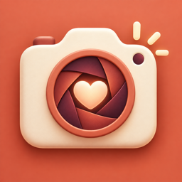 TinyMoments app icon: a cream camera with a heart at the center of its lens